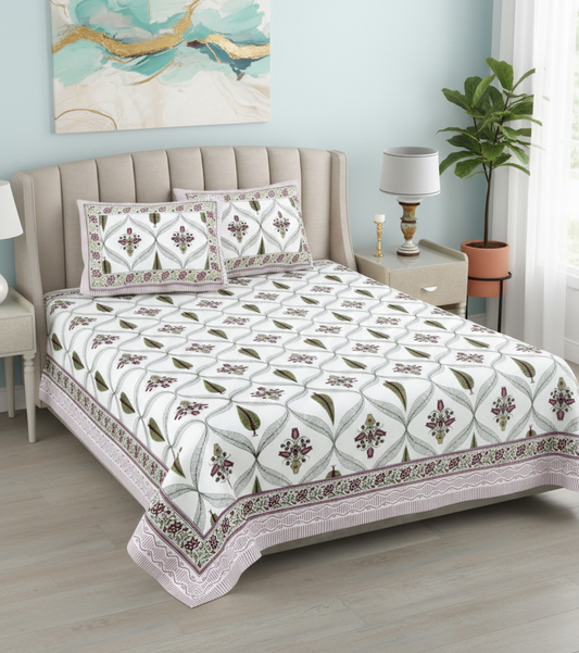 Pink Mauve & White Jaipuri Handblock 200 TC 100% Pure Cotton King Size Bedsheet with 2 Pillow Covers