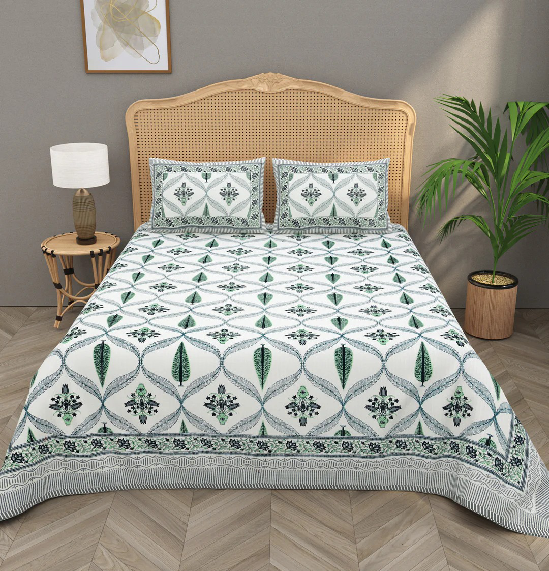 Green & White Jaipuri Handblock 200 TC 100% Pure Cotton King Size Bedsheet with 2 Pillow Covers