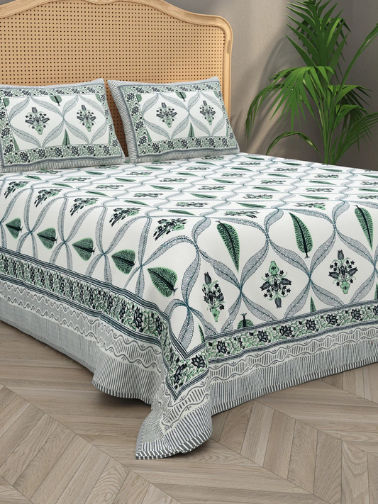 Green & White Jaipuri Handblock 200 TC 100% Pure Cotton King Size Bedsheet with 2 Pillow Covers