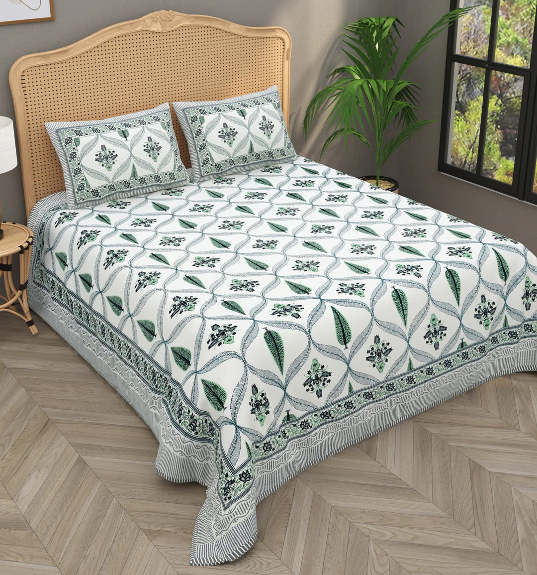 Green & White Jaipuri Handblock 200 TC 100% Pure Cotton King Size Bedsheet with 2 Pillow Covers