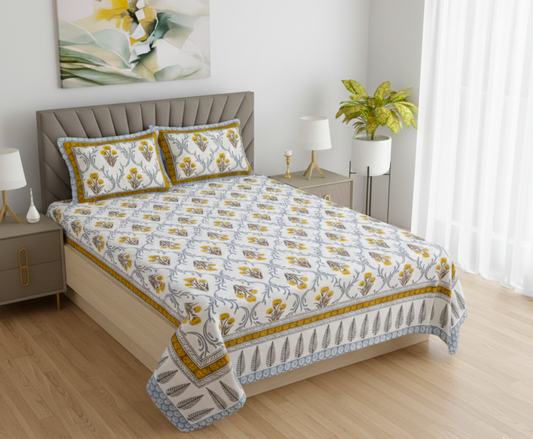 Mustard Yellow and White Jaipuri Print 200 TC Pure Cotton King Size Bedsheet with 2 Pillow Covers