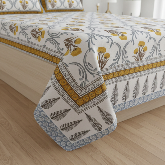 Mustard Yellow and White Jaipuri Print 200 TC Pure Cotton King Size Bedsheet with 2 Pillow Covers