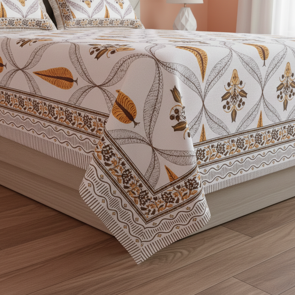 Yellow & White Jaipuri Handblock 200 TC 100% Pure Cotton King Size Bedsheet with 2 Pillow Covers