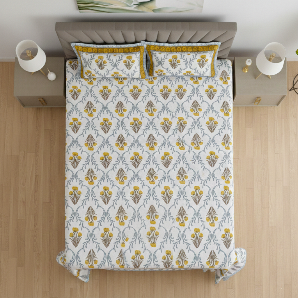 Mustard Yellow and White Jaipuri Print 200 TC Pure Cotton King Size Bedsheet with 2 Pillow Covers