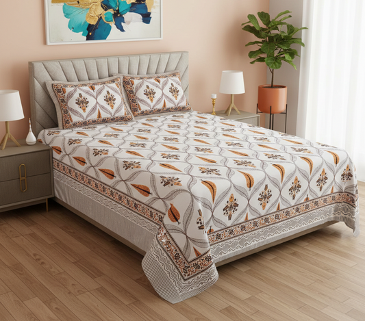 Yellow & White Jaipuri Handblock 200 TC 100% Pure Cotton King Size Bedsheet with 2 Pillow Covers