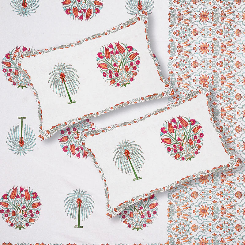 Palm trees & Floral Mulmul Quilted Bedcover 4-Piece Set